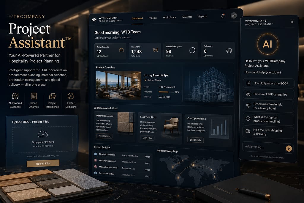 AI-Driven Hospitality Project Planning WTBCompany Project Assistant AI interface for hospitality project planning and FF&E coordination