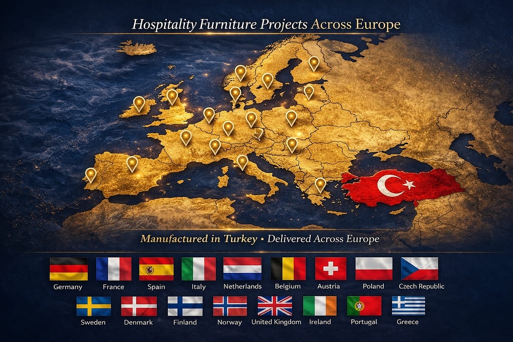 Hospitality Furniture Europe Hospitality furniture projects across Europe map showing hotel furniture delivery from Turkey to Germany, France, Spain, Italy and other European countries by WTBCompany