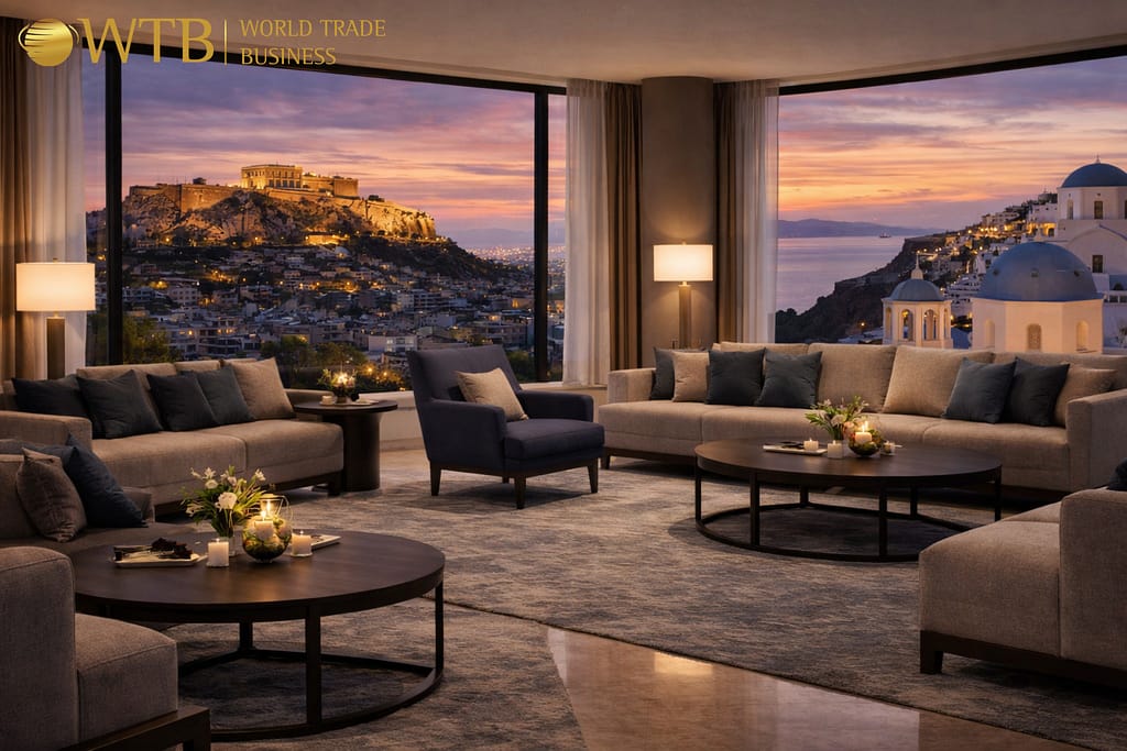 Hotel Furniture Supplier in Greece Hotel furniture supplier in Greece hospitality project interior with Athens and Santorini view