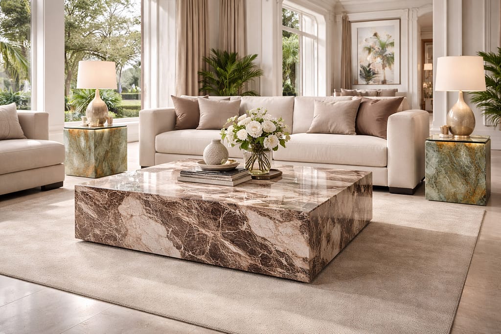 Custom Calacatta Viola Marble Coffee Tables Luxury marble coffee table and side tables in a modern villa living room interior