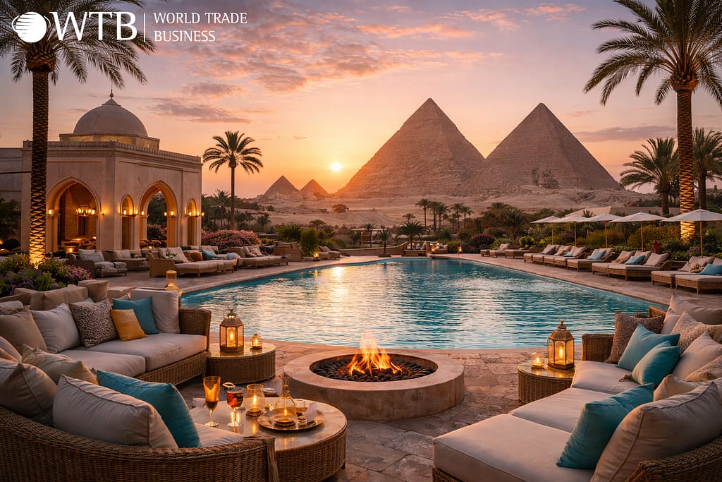 Hotel Furniture Supplier in Egypt Luxury resort near the Pyramids of Giza representing hospitality furniture projects and hotel furniture supply in Egypt.
