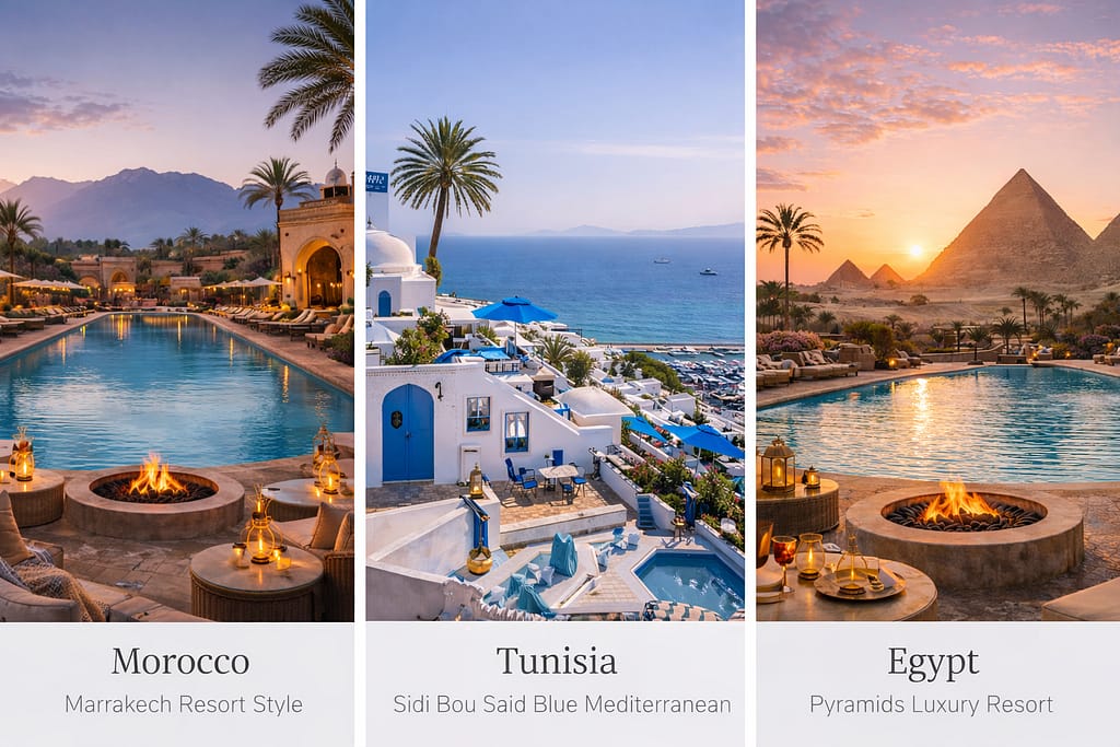 Hospitality Furniture Projects in North Africa Luxury hospitality projects in North Africa including Morocco Marrakech resorts, Tunisia Sidi Bou Said Mediterranean architecture and Egypt pyramids resort developments.