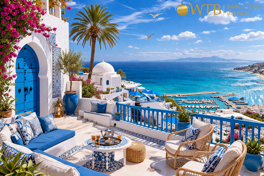 Hotel Furniture Supplier in Tunisia Luxury hospitality projects in Tunisia inspired by Sidi Bou Said blue Mediterranean architecture overlooking the sea.