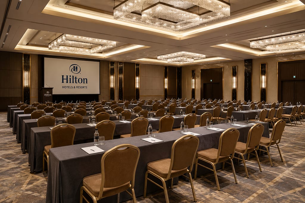 Banquet Equipment Solutions Premium banquet chair and conference room seating project completed for Hilton Hotel hospitality environment