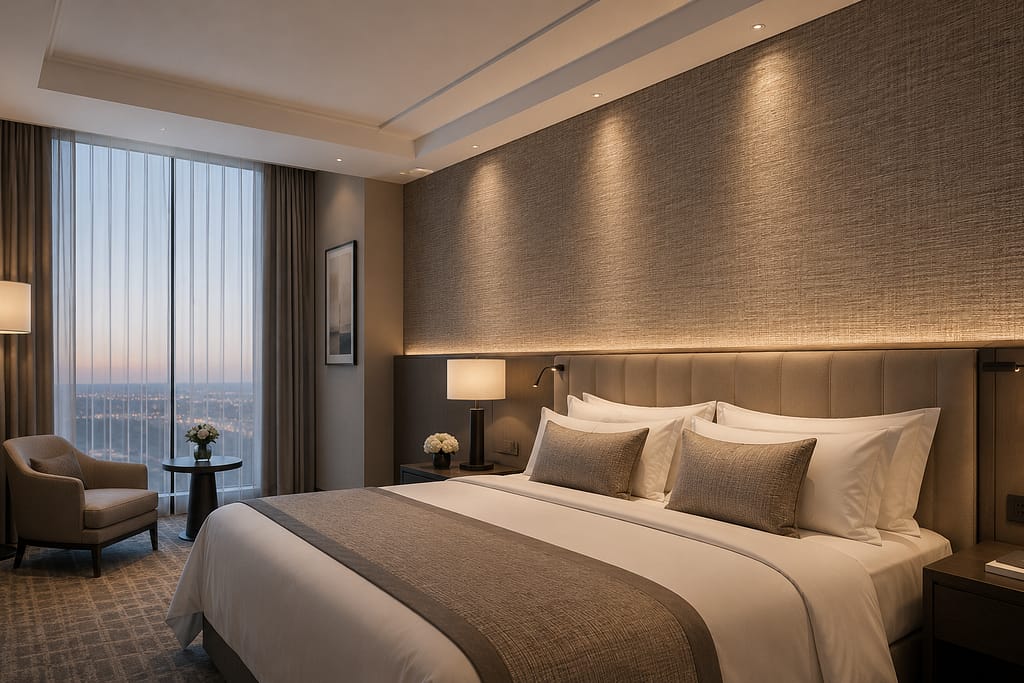 Contract Textile Wall Coverings Luxury hotel room interior featuring premium contract textile wall coverings behind the bed for hospitality applications.
