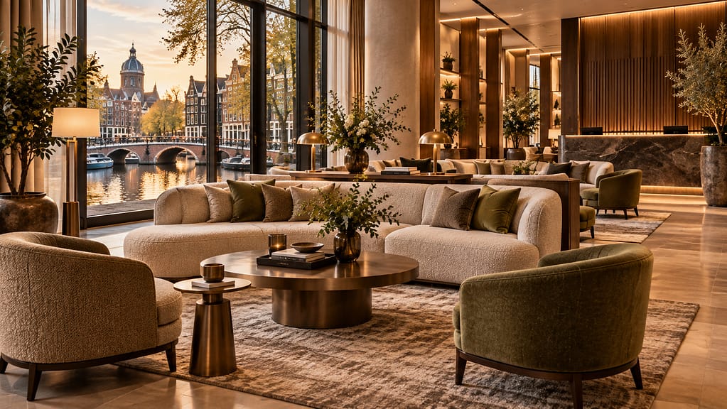 Hotel Furniture Supplier in Netherlands Luxury hotel lobby with custom hospitality furniture in Amsterdam, Netherlands